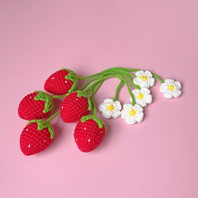 Wool crochet woven strawberry pendant on 35 cm knitted wool cord in pink or red colour