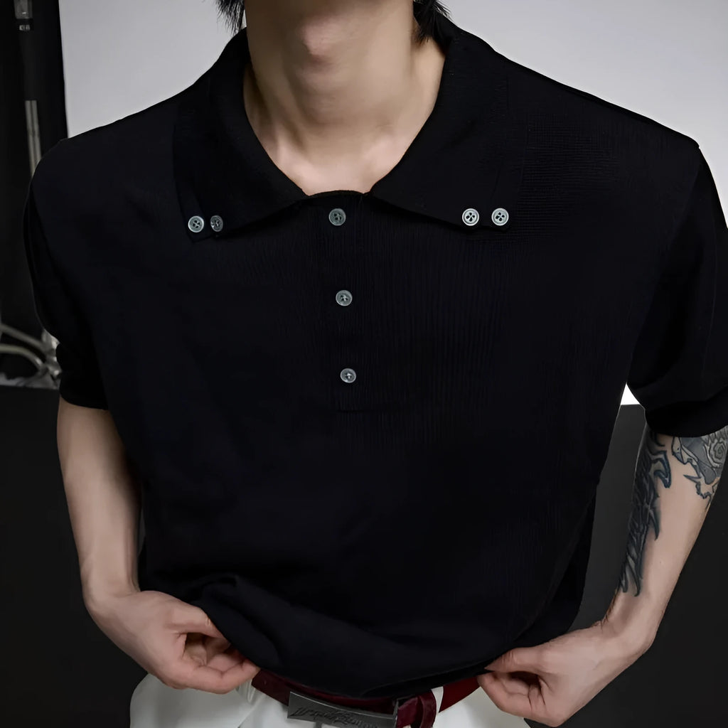 Men's black double collar knit polo shirt with short sleeves and loose fit