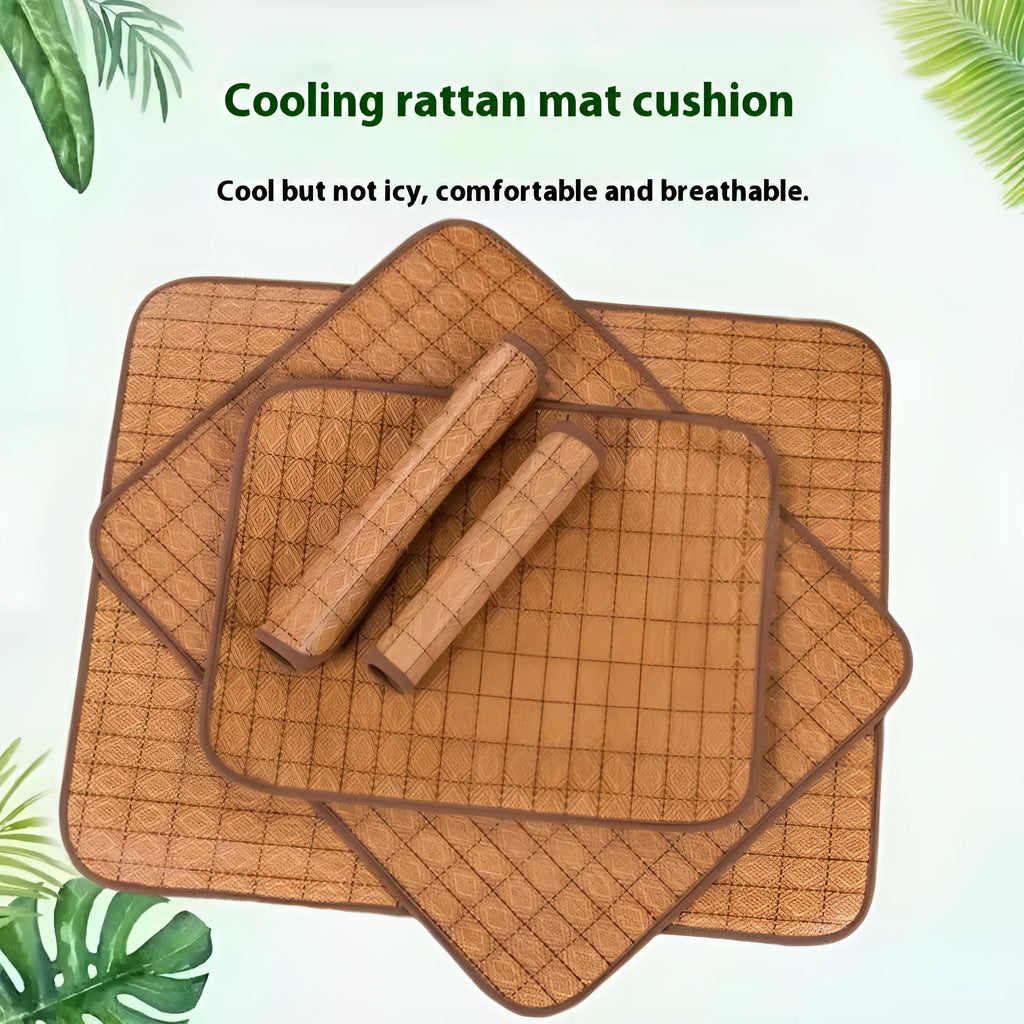 Brown rattan woven dog cooling mat showing open fibre construction for summer use
