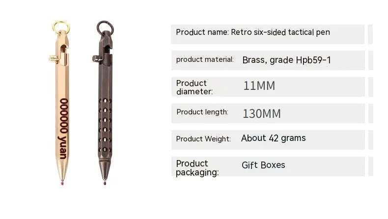 Brass hexagonal bolt roller pen showing six-angle construction with 0.5mm tip