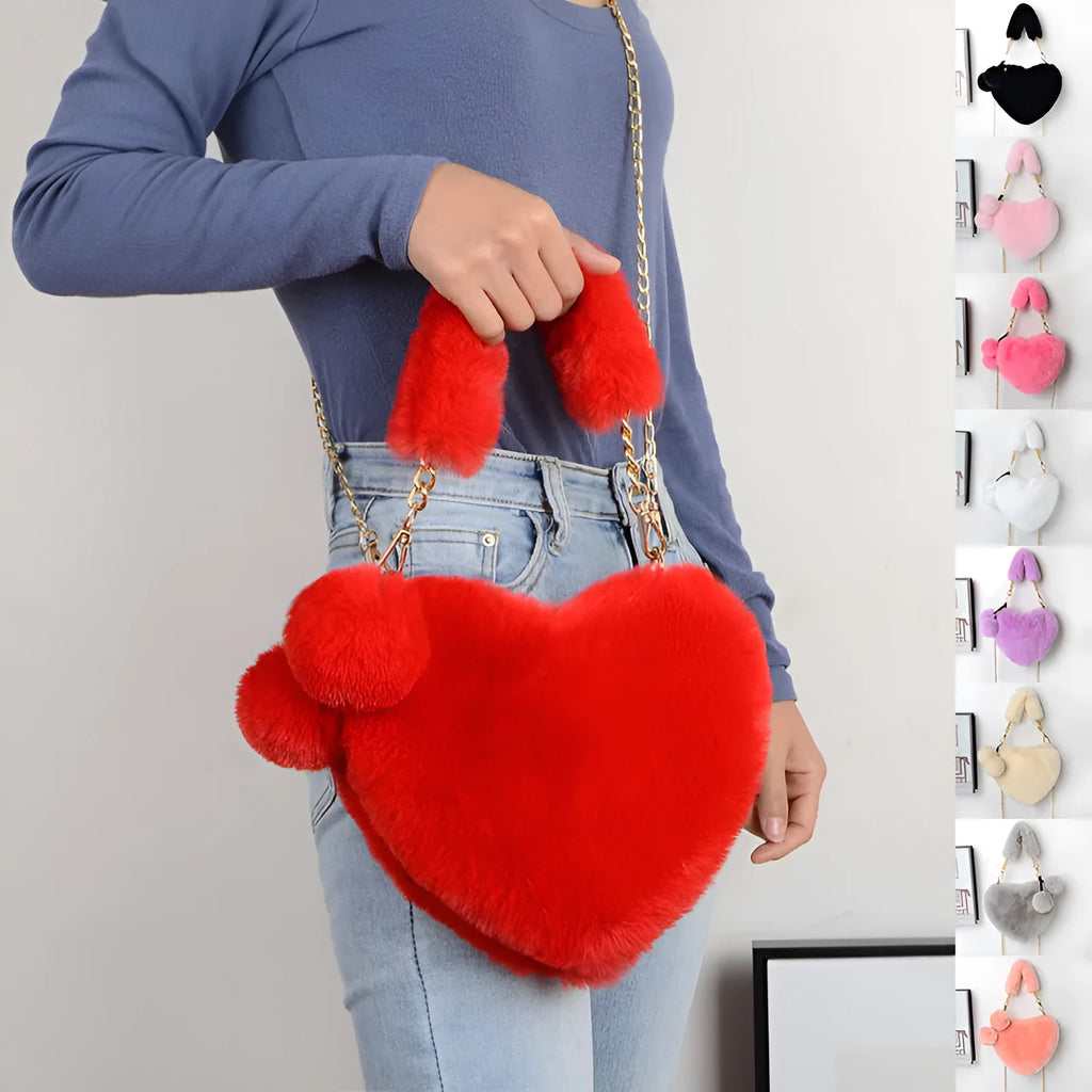 Medium sized soft plush heart-shaped women's handbag in a choice of fourteen colours with a synthetic leather lining