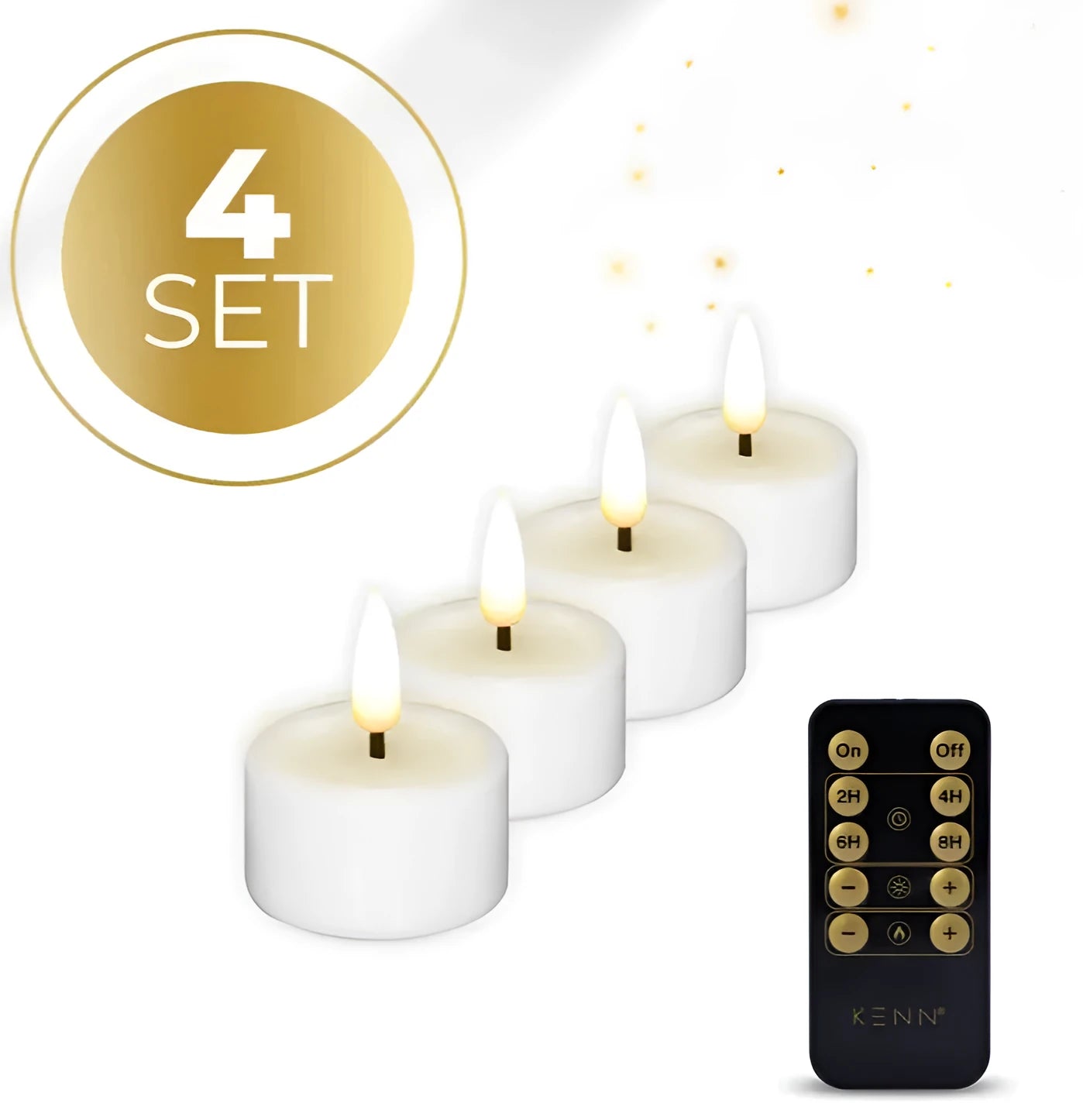 Set of four white LED tealight candles showing flickering flame effect.