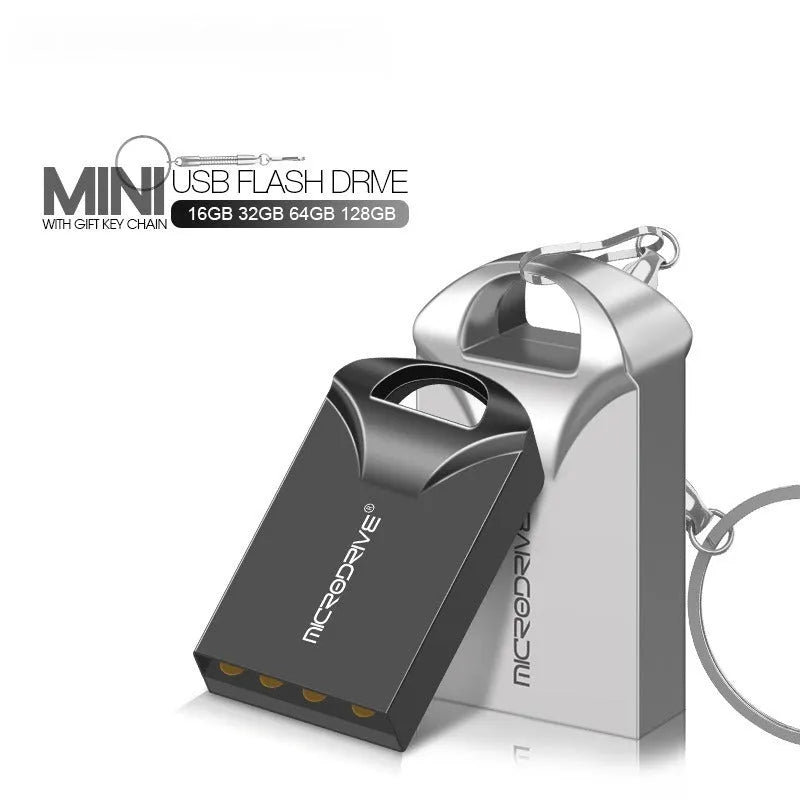 Black and silver metal USB flash drives showing compact 23mm size with capacity options from 4GB to 128GB