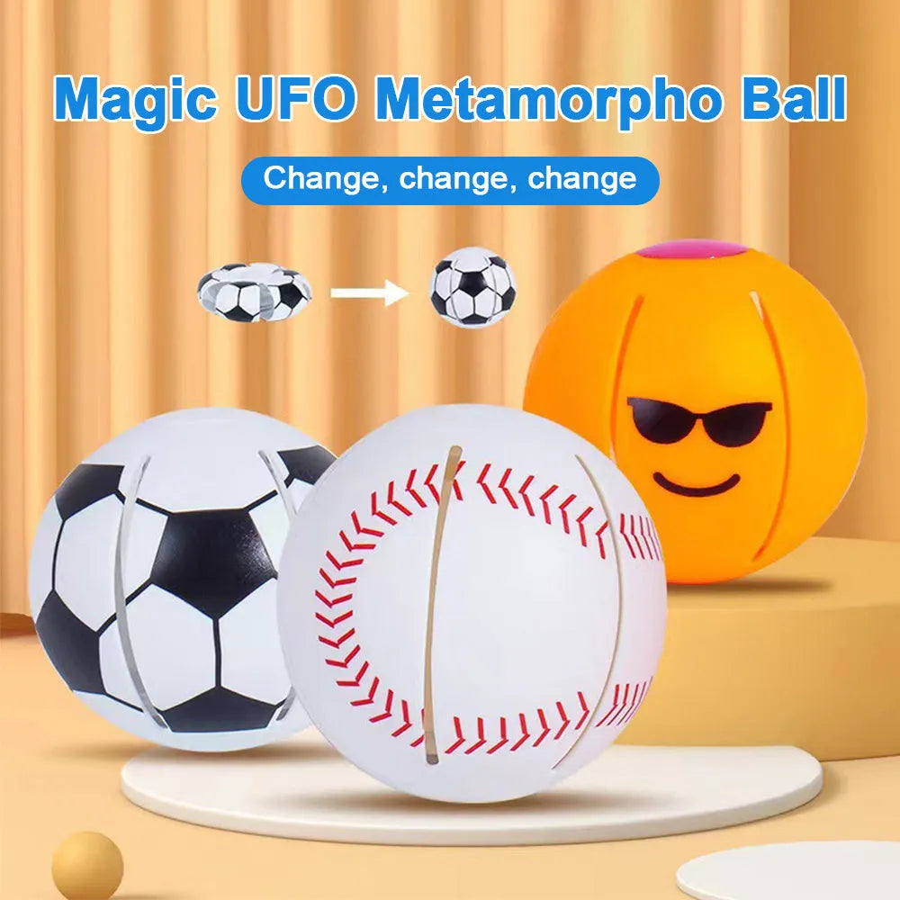 Interactive glowing bouncy ball transforming to flying disc dog toy with 9cm diameter plastic construction