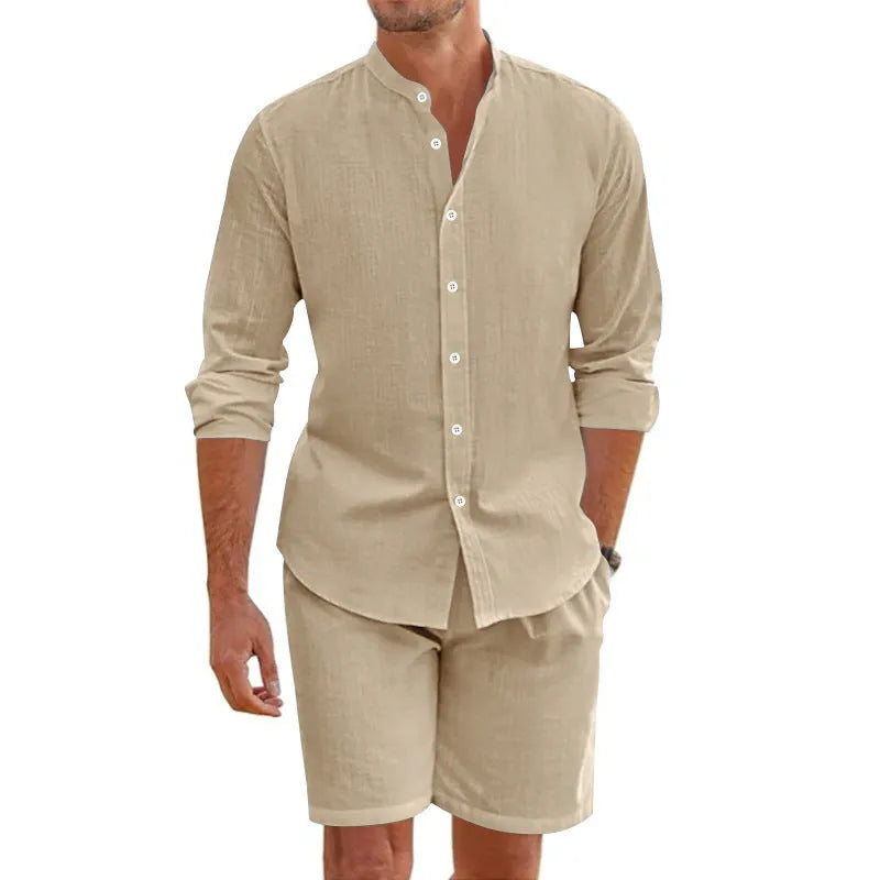 Men's dark grey short sleeve shirt and matching drawstring shorts summer suit set