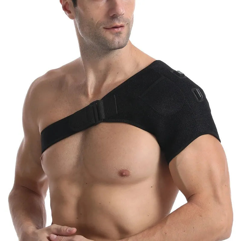 Grey USB electric heating shoulder pad shown on a person's shoulders.