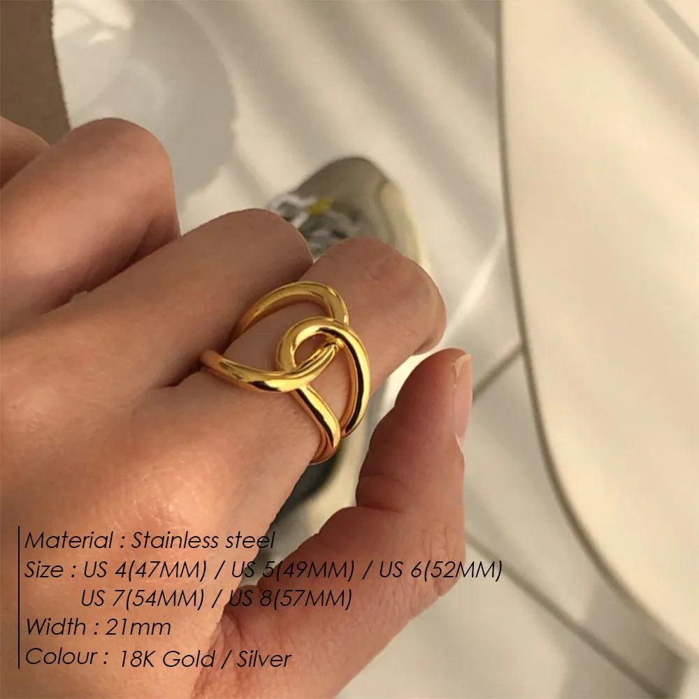 Women's adjustable stainless steel ring with knotted design and U-shaped geometric form