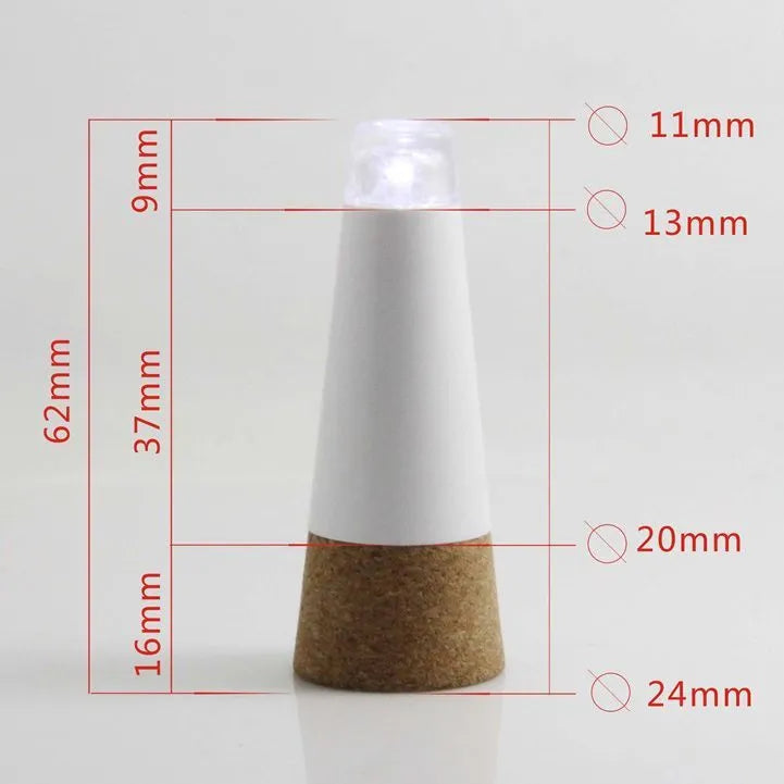Rechargeable LED bottle cap cork light with plastic shell and 15 LED beads for decoration.