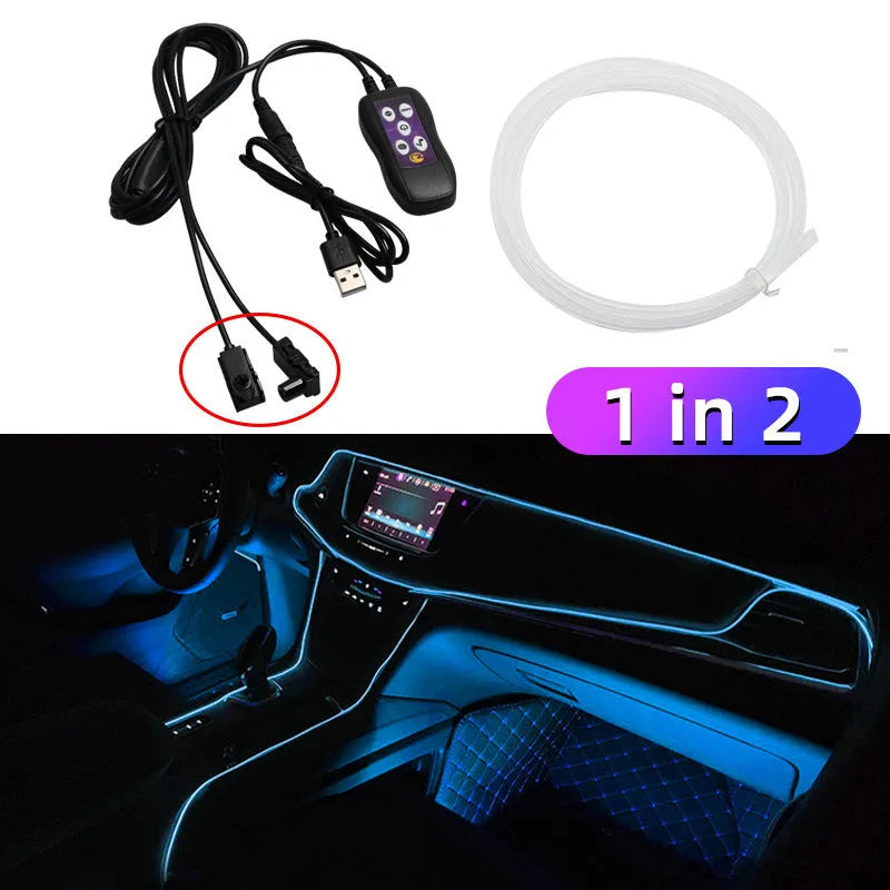 Car LED atmosphere light with colourful changing illumination on dashboard and centre console