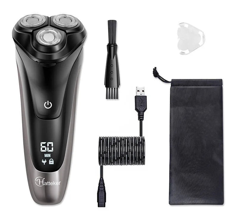 Men's electric shaver kit with three rotating floating heads and pop-up sideburn trimmer