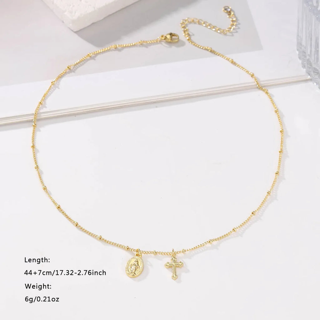 Gold geometric cross Virgin Mary necklace for women with simple chain