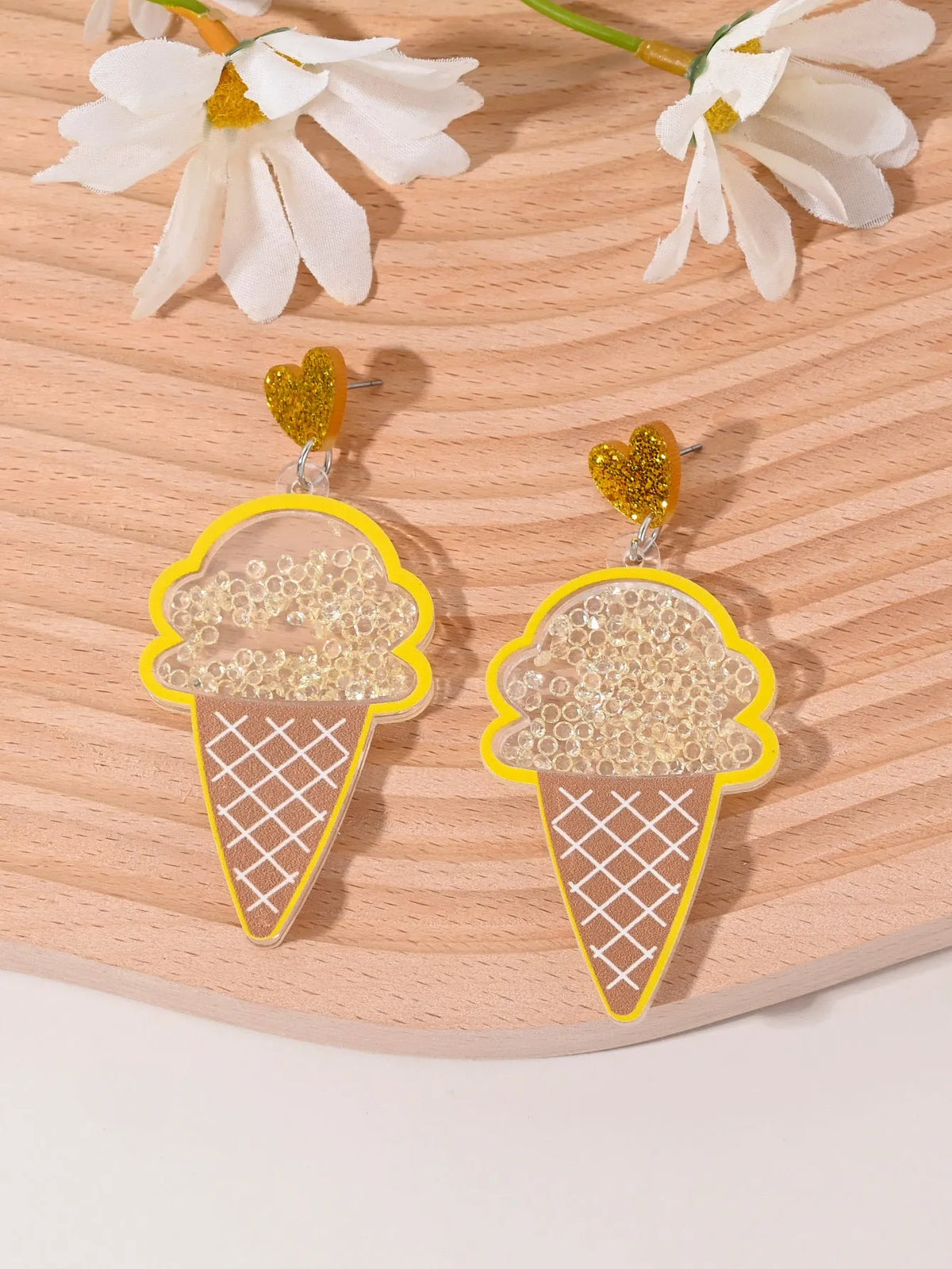 Acrylic women's earrings with fruit, cake, and ice cream designs in pastoral style.