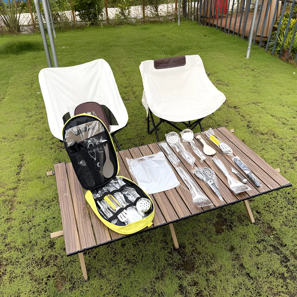 Portable picnic kitchenware storage bag containing 12 stainless steel utensils in khaki colour