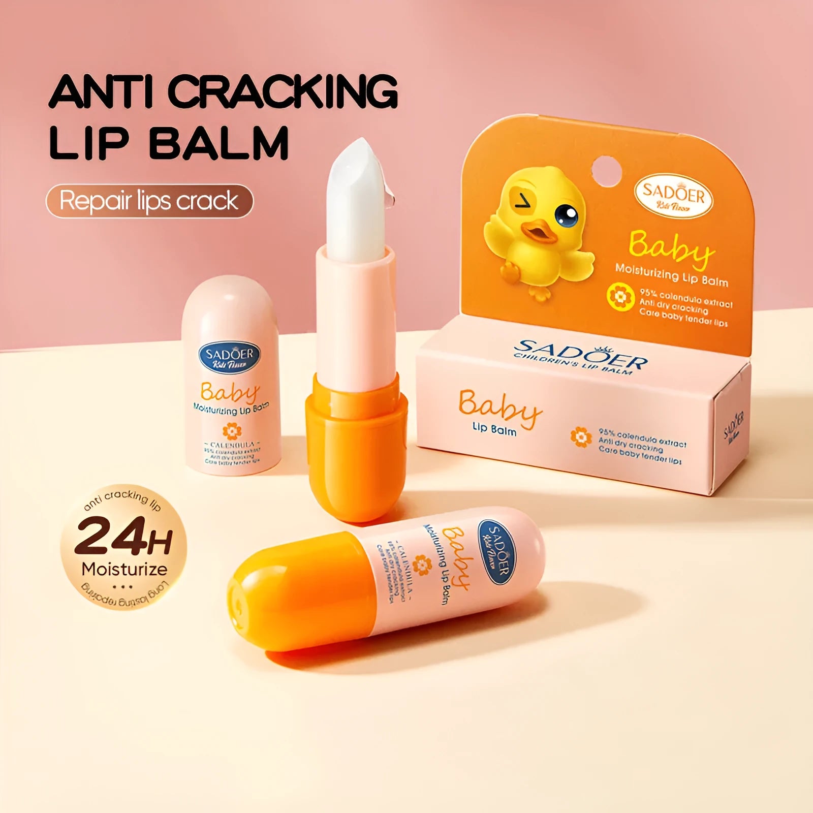 Anti-chapped moisturising lipstick tube with hyaluronic acid and vitamin E labelling