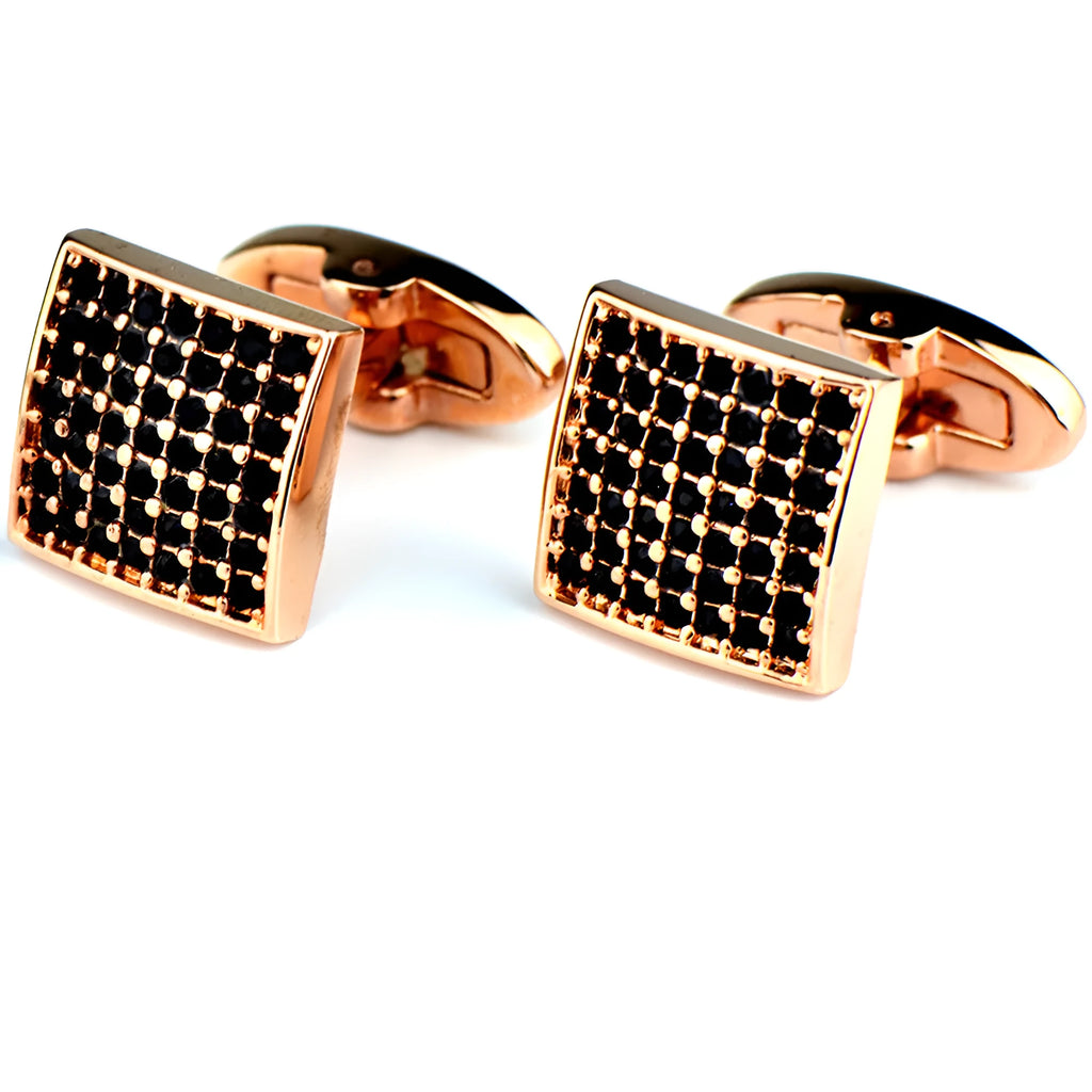 Rose gold star diamond cufflinks with brass base and electroplated finish, unisex French cuff pair in black or white diamond