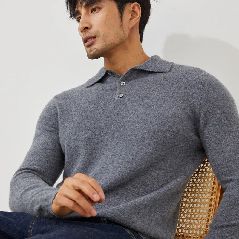 Men's cashmere polo collar pullover sweater in loose fit on mannequin