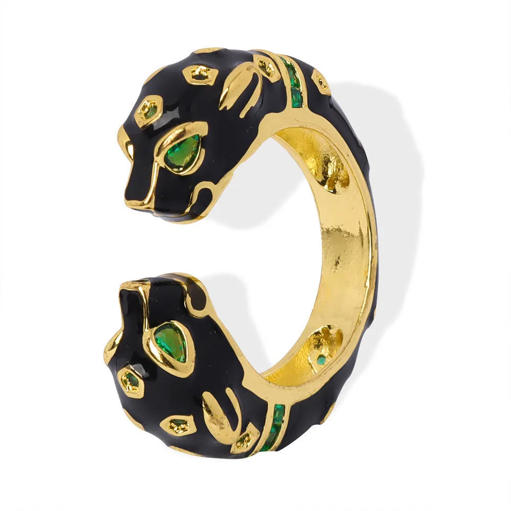 Black geometric open ring with cheetah oil drip pattern, size No. 7.