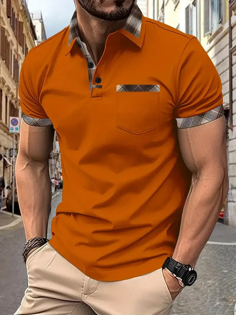 Men's loose fit plaid colourblock T-shirt with zipper decoration details on short sleeves