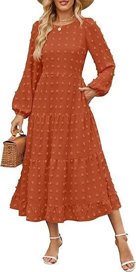 Women's beige polyester long sleeve dress with ruffle sleeves and high waist design