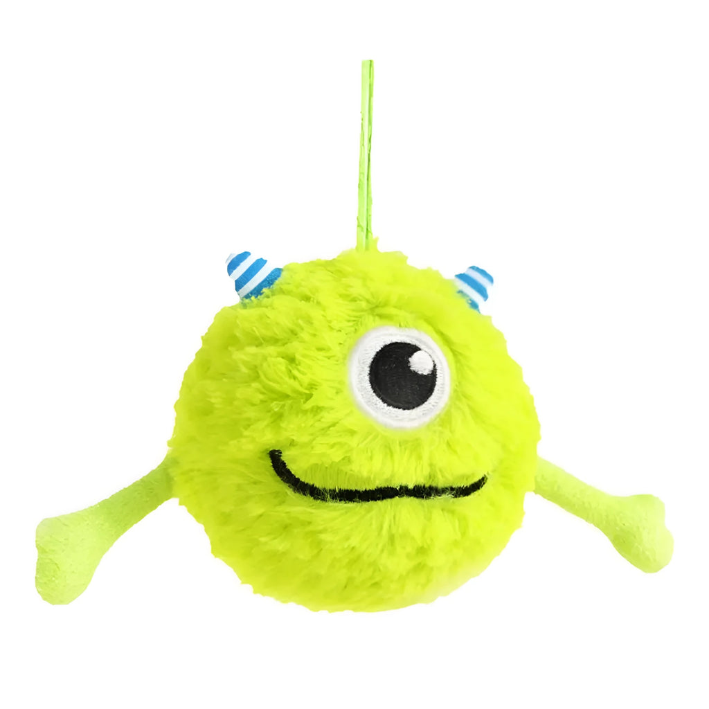 Green plush and TPR dog toy ball for interactive teething and play.