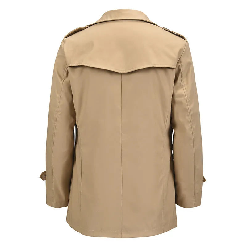 Men's mid-length double-breasted jacket in khaki, apricot or black, loose polyester casual coat, 50cm length