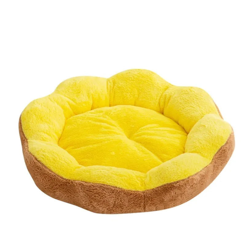 Round plush cat bed with detachable cover in yellow brown colour showing nest design