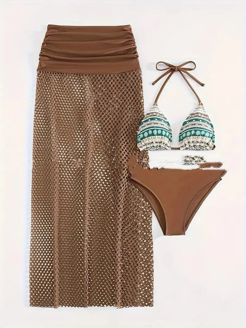 Women's three-piece bikini set with a long fishnet skirt in a gradient colour.