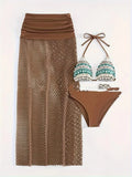 Women's three-piece bikini set with a long fishnet skirt in a gradient colour.