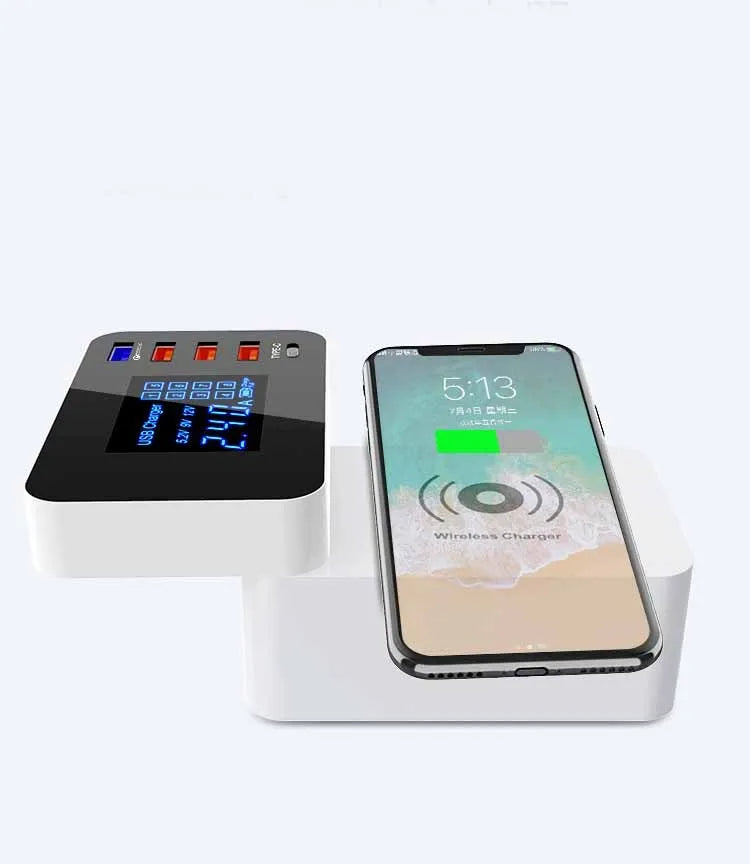 White multi-port USB fast charger with wireless charging pad and 1.5m cable