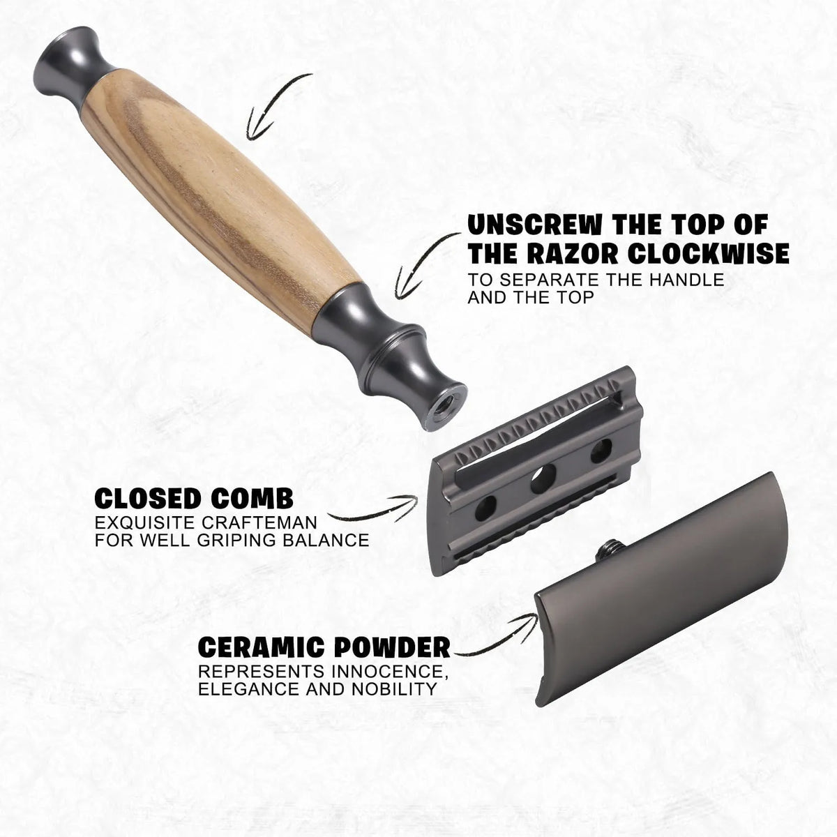 Men's copper manual shaving razor with olive wood handle and aluminium blade holder