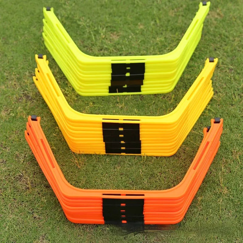Set of six foldable hexagon football agility training rings in yellow, green and orange colours