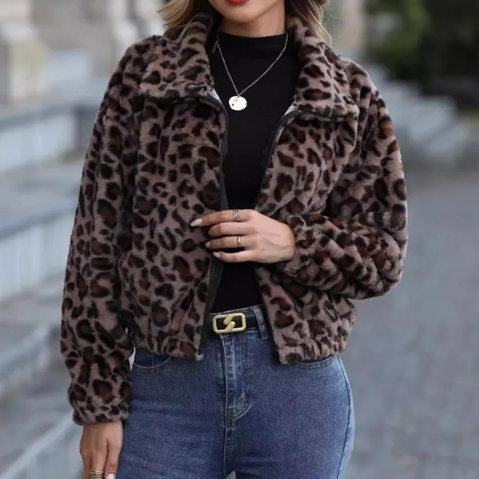 Women's loose fit leopard print plush coat with long sleeves and zip front