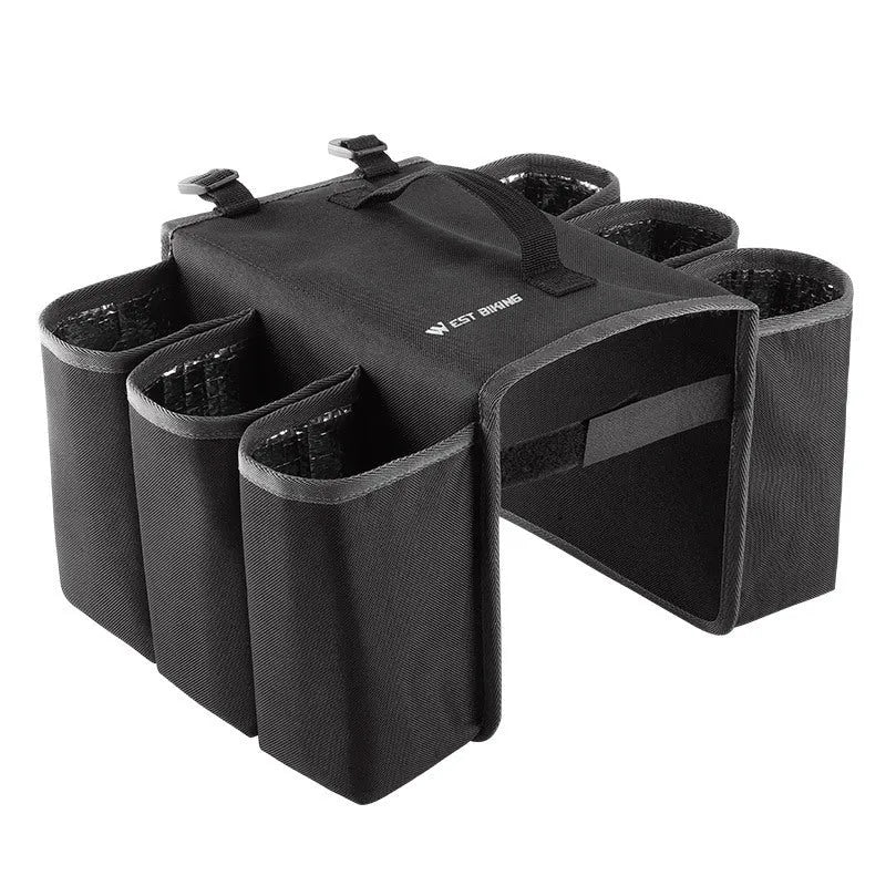 Black and orange double-sided bicycle beverage bag mounted on bike frame with 2L capacity