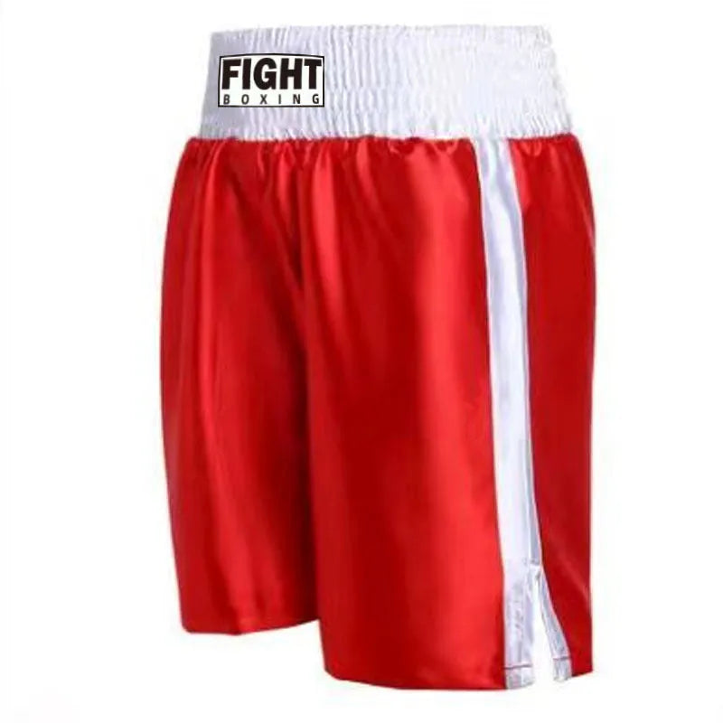 Boxing shorts in multiple colour options including black and red, and black and white side stripes.