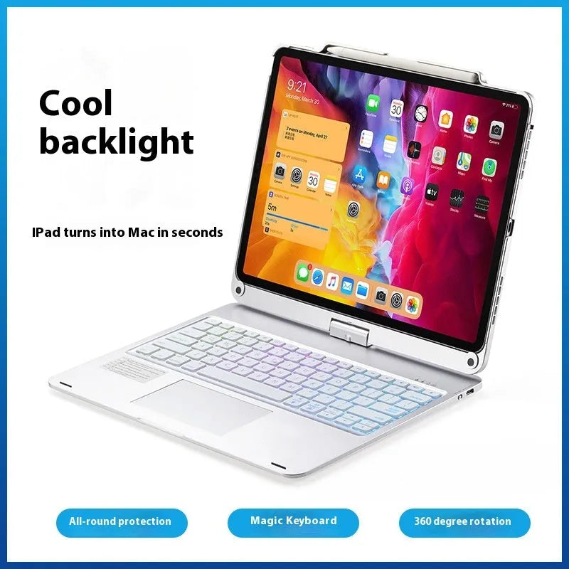 Miaocontrol Bluetooth keyboard with rotating stand holding an iPad tablet