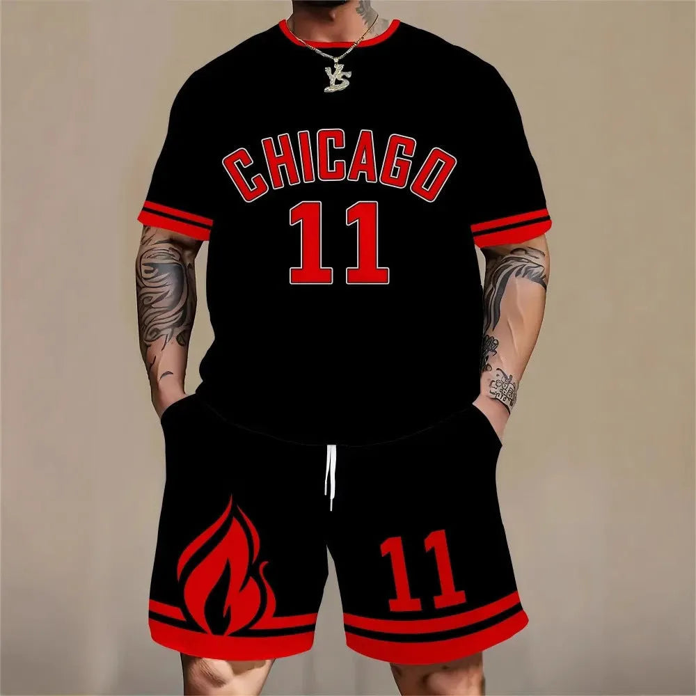 Men's short sleeve top and shorts set with 3D printed letter design in a sports leisure style.