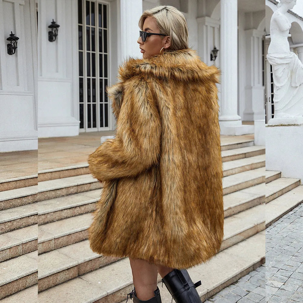 Yellow women's faux fur coat with loose fit and regular sleeves, 80cm length