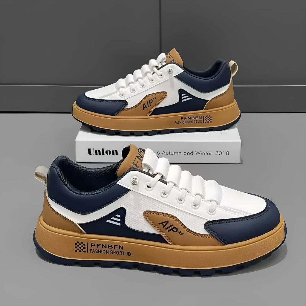 Men's white and orange casual sneakers with round toe and artificial PU upper
