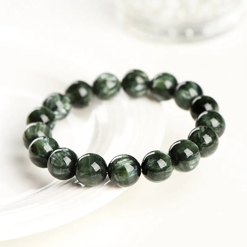 Natural Green Dragon Crystal bracelet with 8-9mm round beads and Ruyi geometric design elements