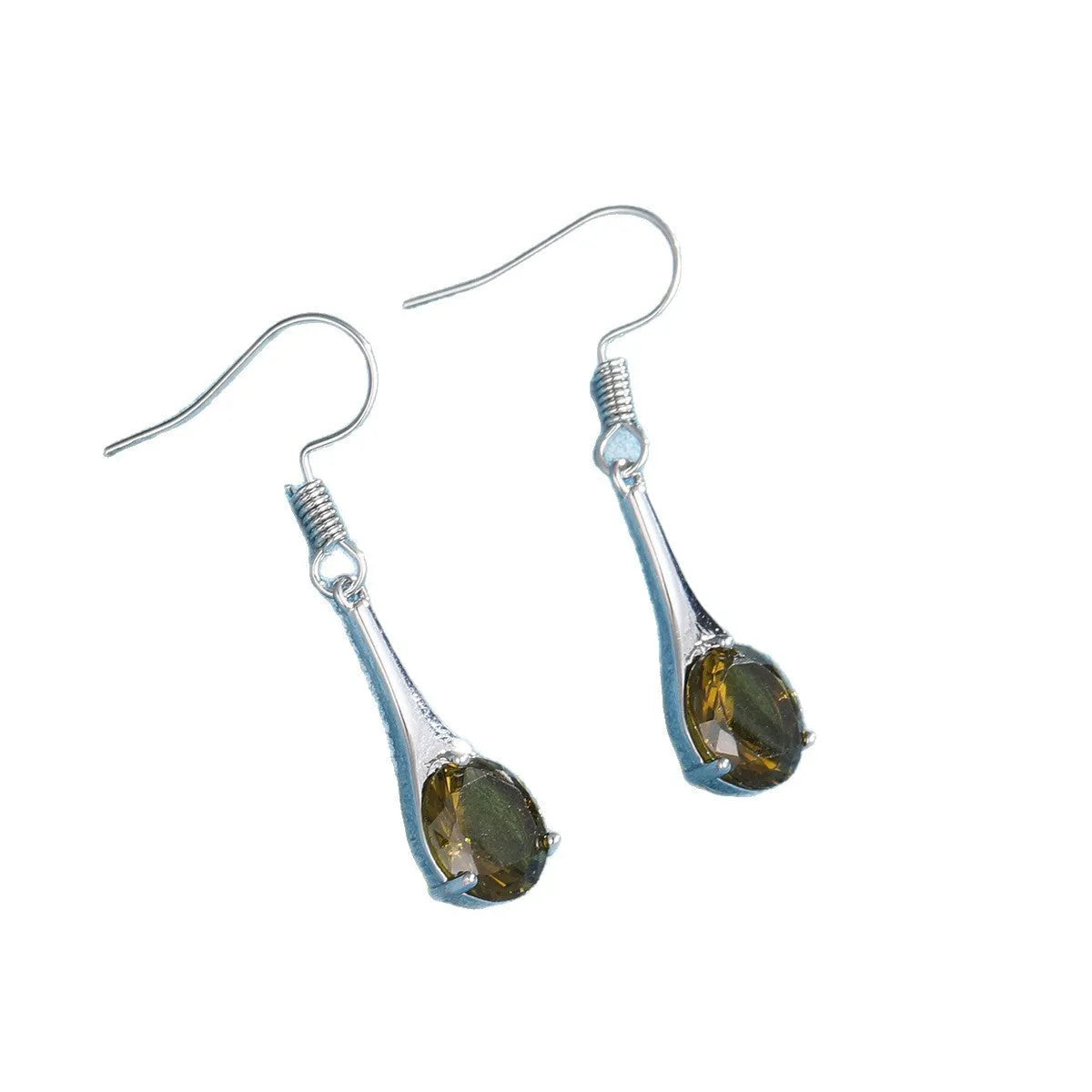 Olive green topaz water drop shaped earrings with retro design and minimalist styling