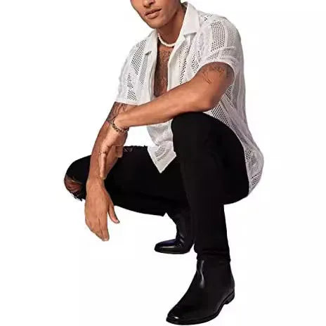 Men's black knitted short-sleeve button shirt with jacquard texture and cardigan style