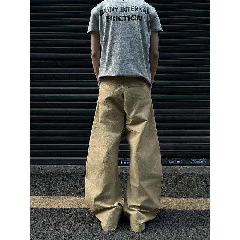 Men's khaki cotton straight leg casual trousers on a white background