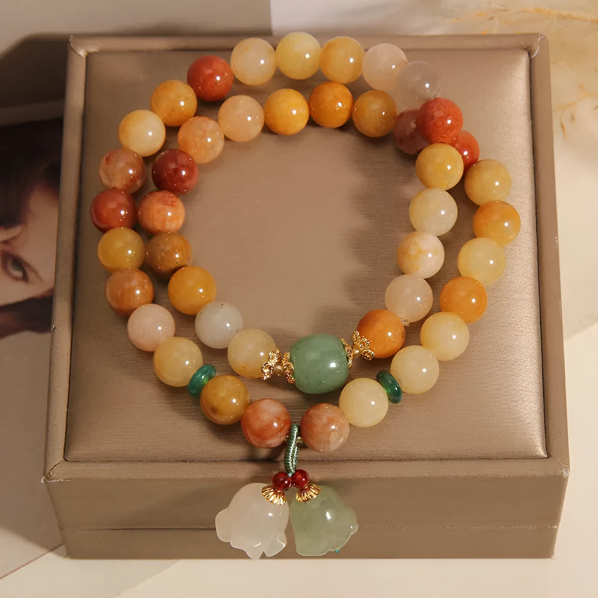 Natural jinsi jade multi-layer bracelet for women with an orchid pendant on wrist