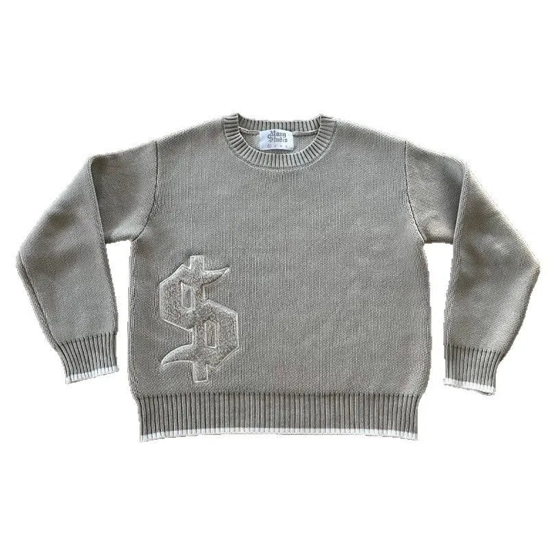 Grey loose-fitting jacquard knitwear coat with long sleeves for autumn winter