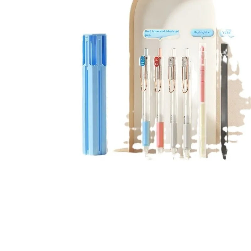Plastic pressing pen pencil case kit shown in Sky Blue, Vigorous White, and Girl Pink colours.