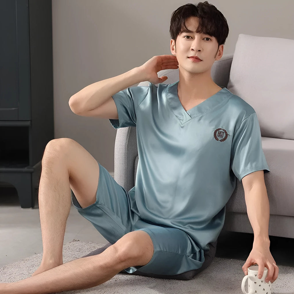 Men's ice silk pajama set with short sleeve shirt and loose shorts in multiple colour options