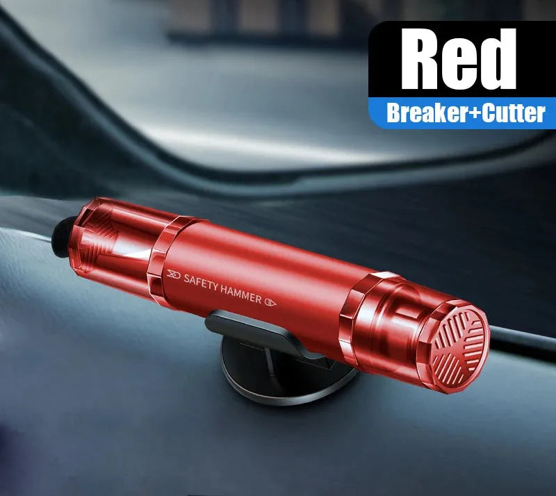 Black and red car safety hammer with tungsten steel window breaker tip and hidden seat belt cutter