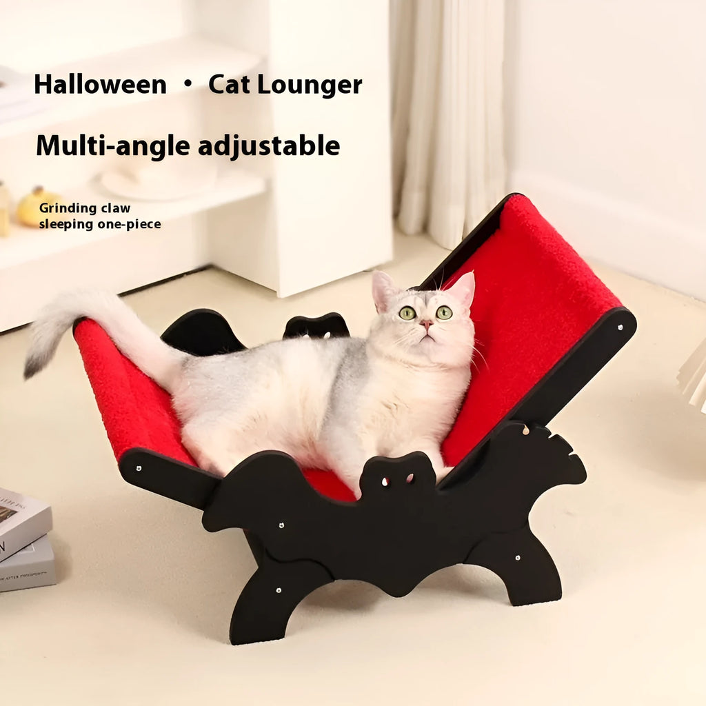 MW-054 wooden cat lounge chair pet bed black red Halloween bat pattern design