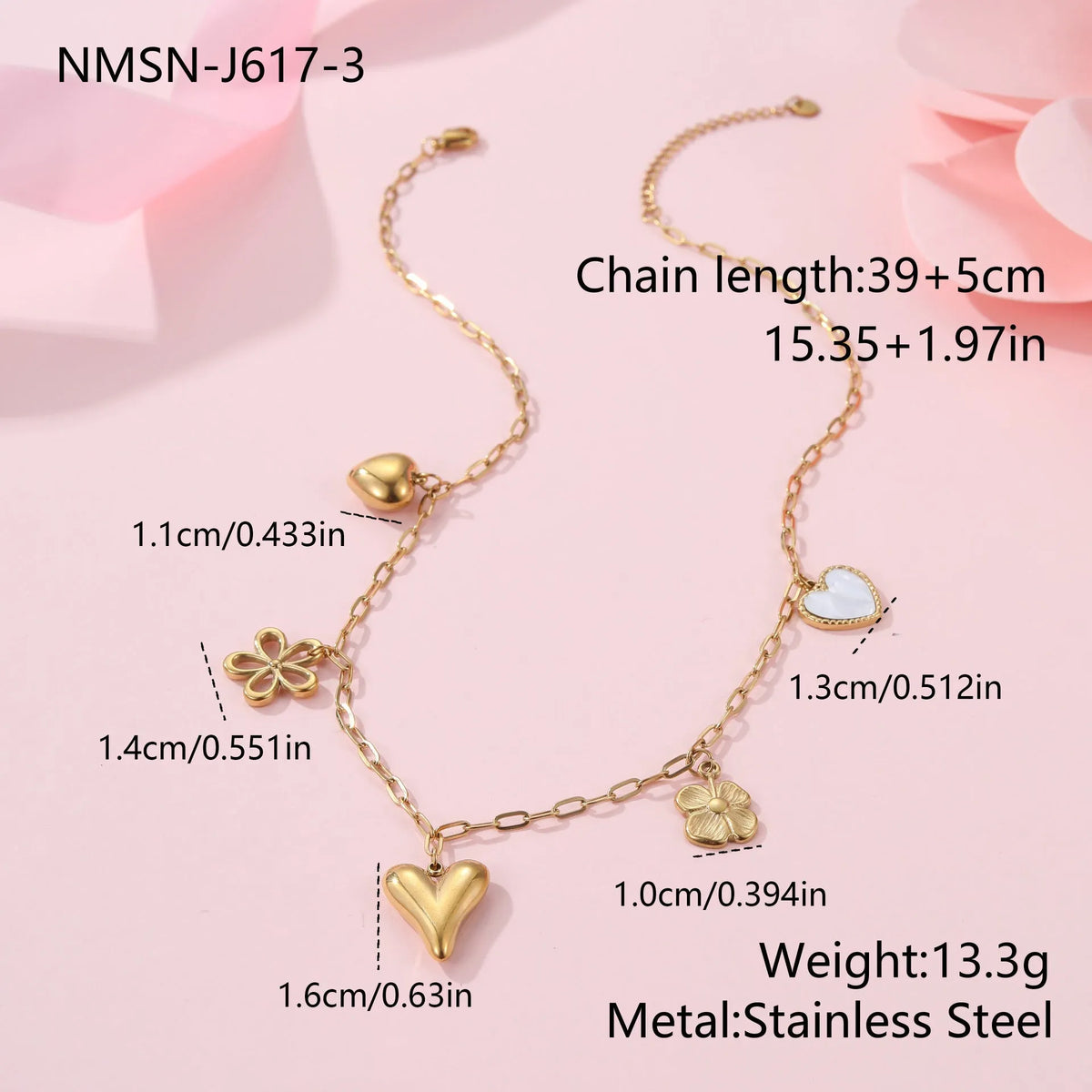 Stainless steel pendant necklace with heart or sun design on adjustable chain