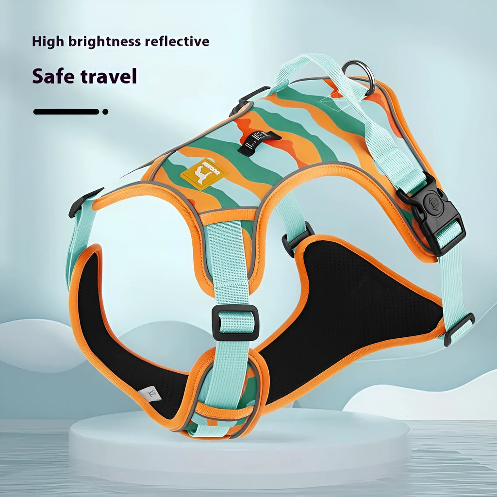 Reflective dog harness with hand holding rope in orange Oxford fabric